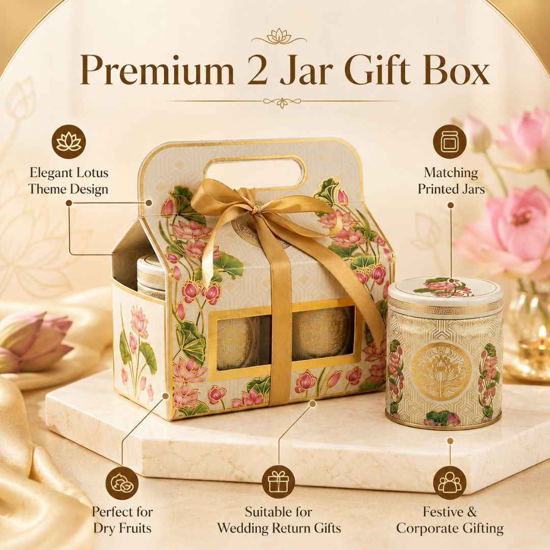 Pack of 6 Cream Lotus Printed 2 Jar Tin Gift Box with Handle