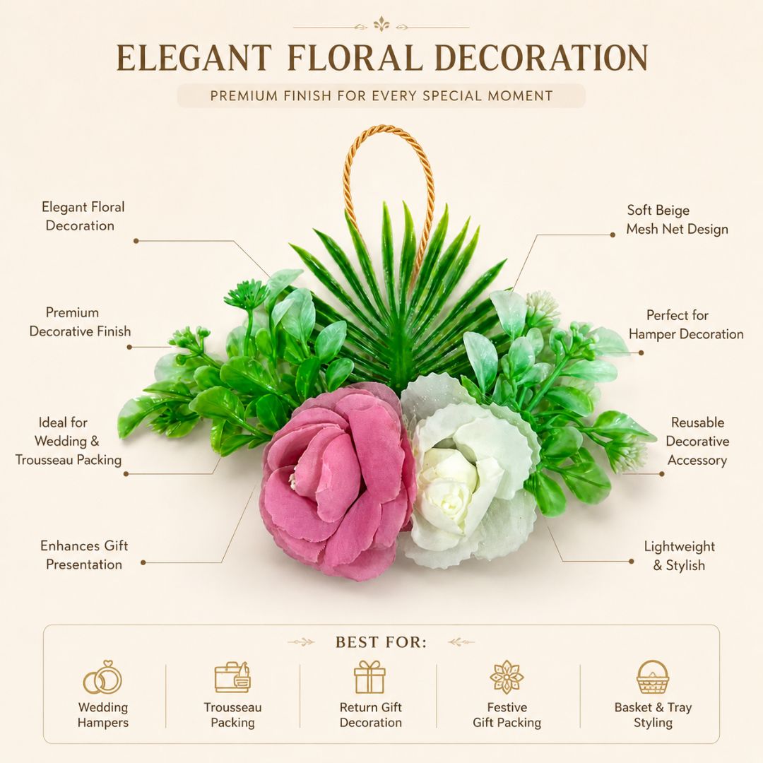 Set of 5 Pink & White Floral Decorative Accessories for Hampers, Trousseau Packing & Wedding Trays