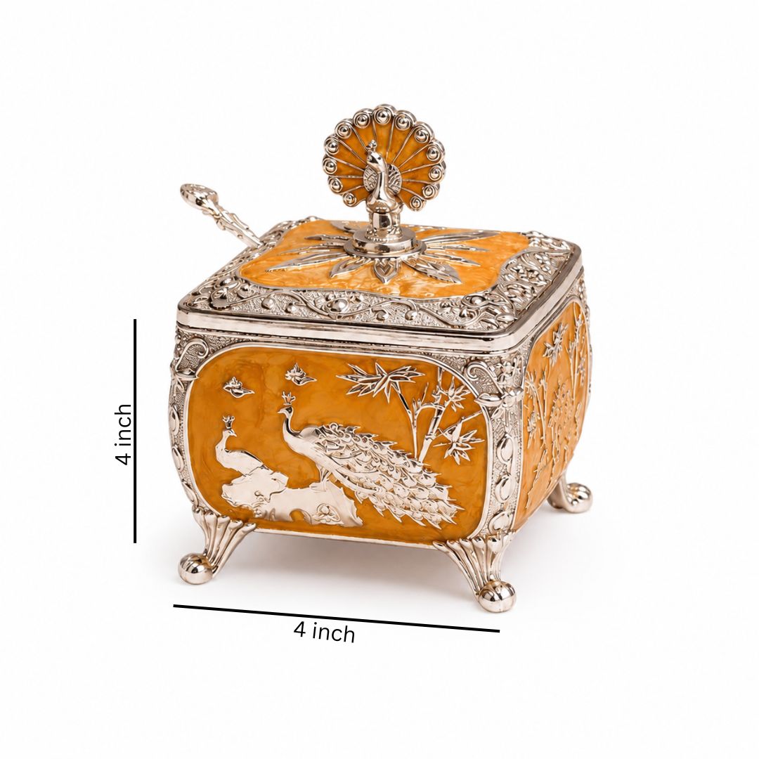 Royal Peacock German Silver Dry Fruit Box – Orange Finish (4 x 4 Inch)