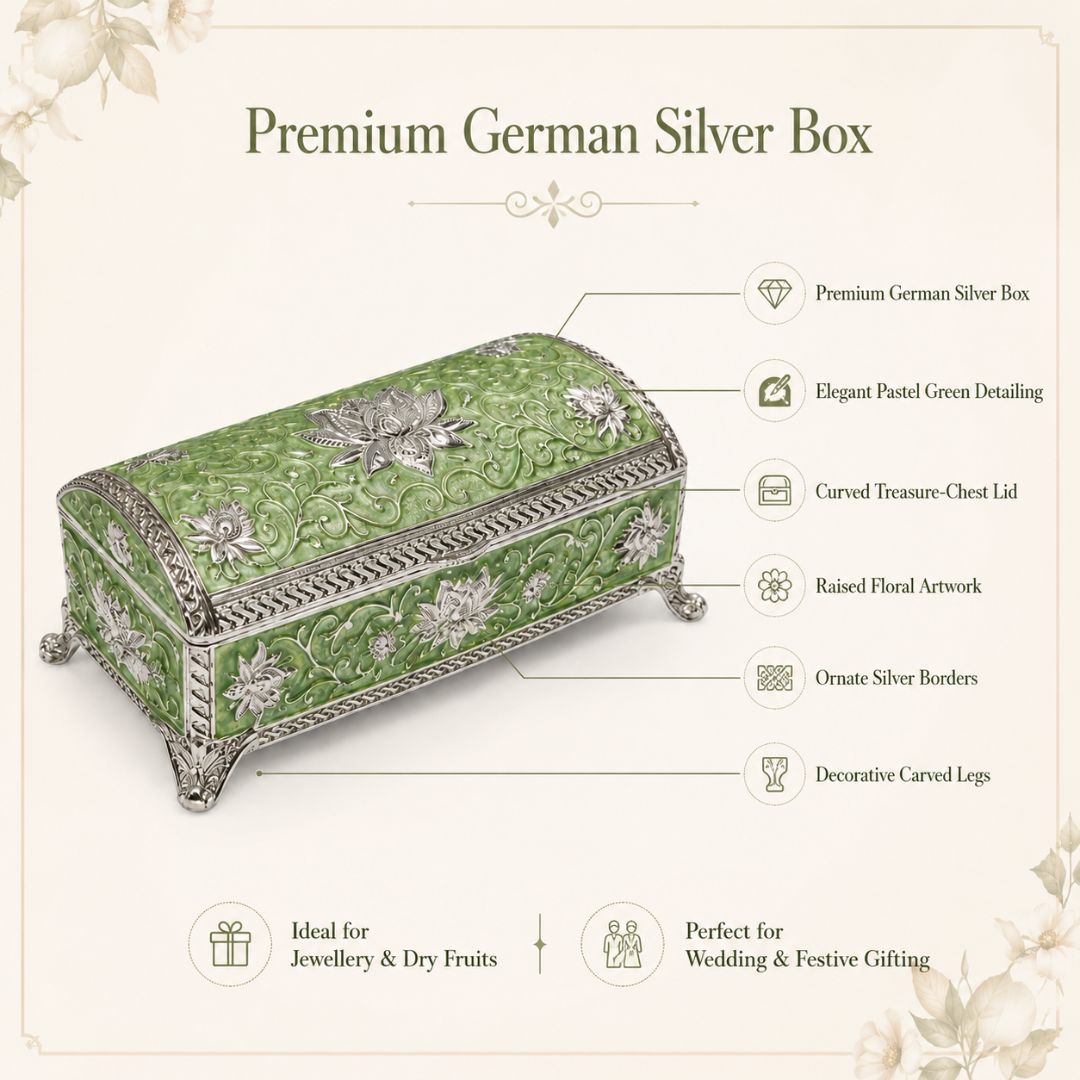 Luxury German Silver Floral Long Storage Box – Green Enamel Finish (7.5 x 3.5 Inch)