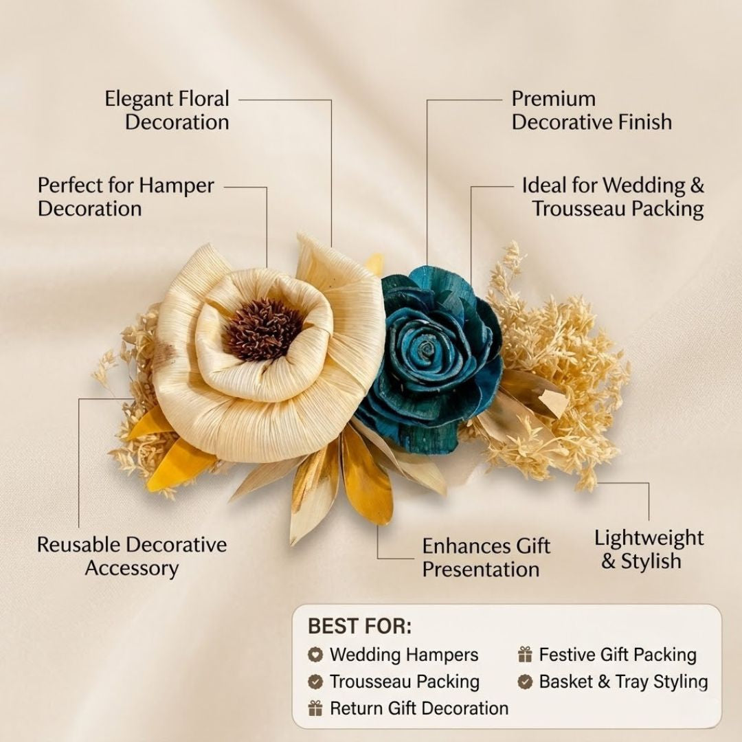 Set of 5 Cream & Teal Floral Decorative Accessories for Hamper & Trousseau Packing