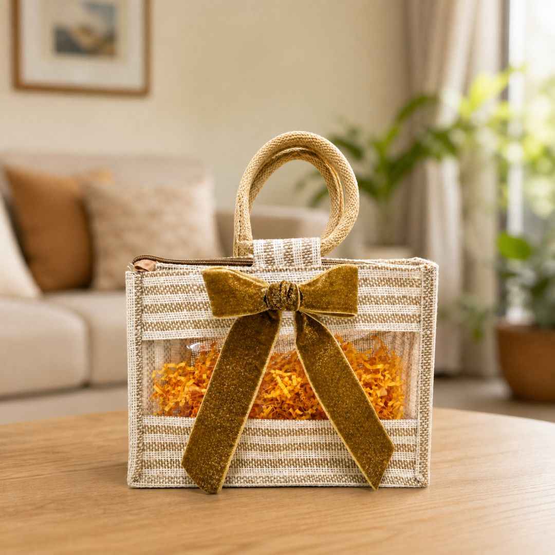 (Set of 5)Premium Jute Gift Bags with Transparent Window & Golden Bow – 12 x 15 Inches