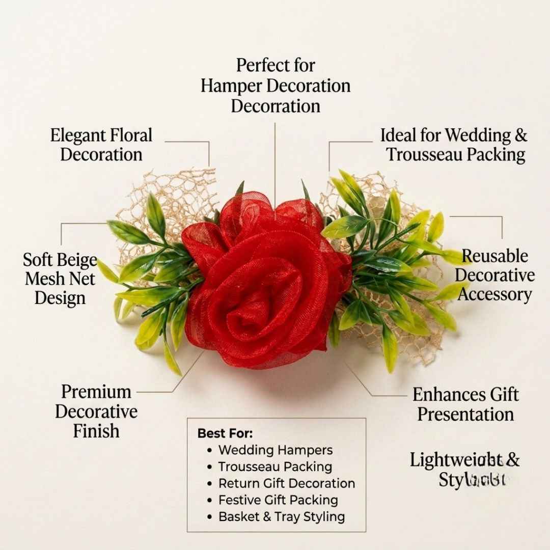 Set of 5 Red Net Flower Decorative Accessories for Hamper & Trousseau Packing