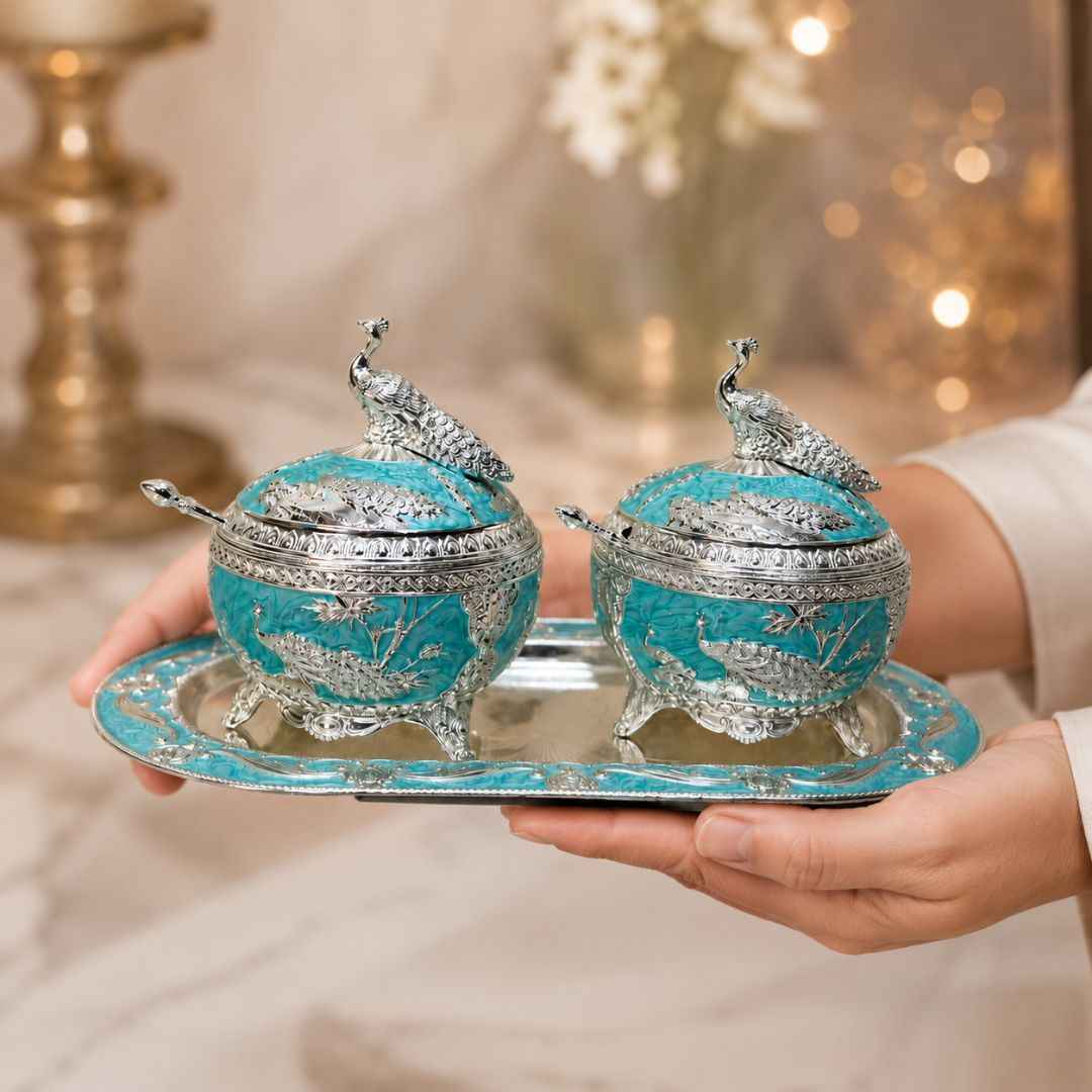 German Silver Aqua Peacock Serving Set with Spoons