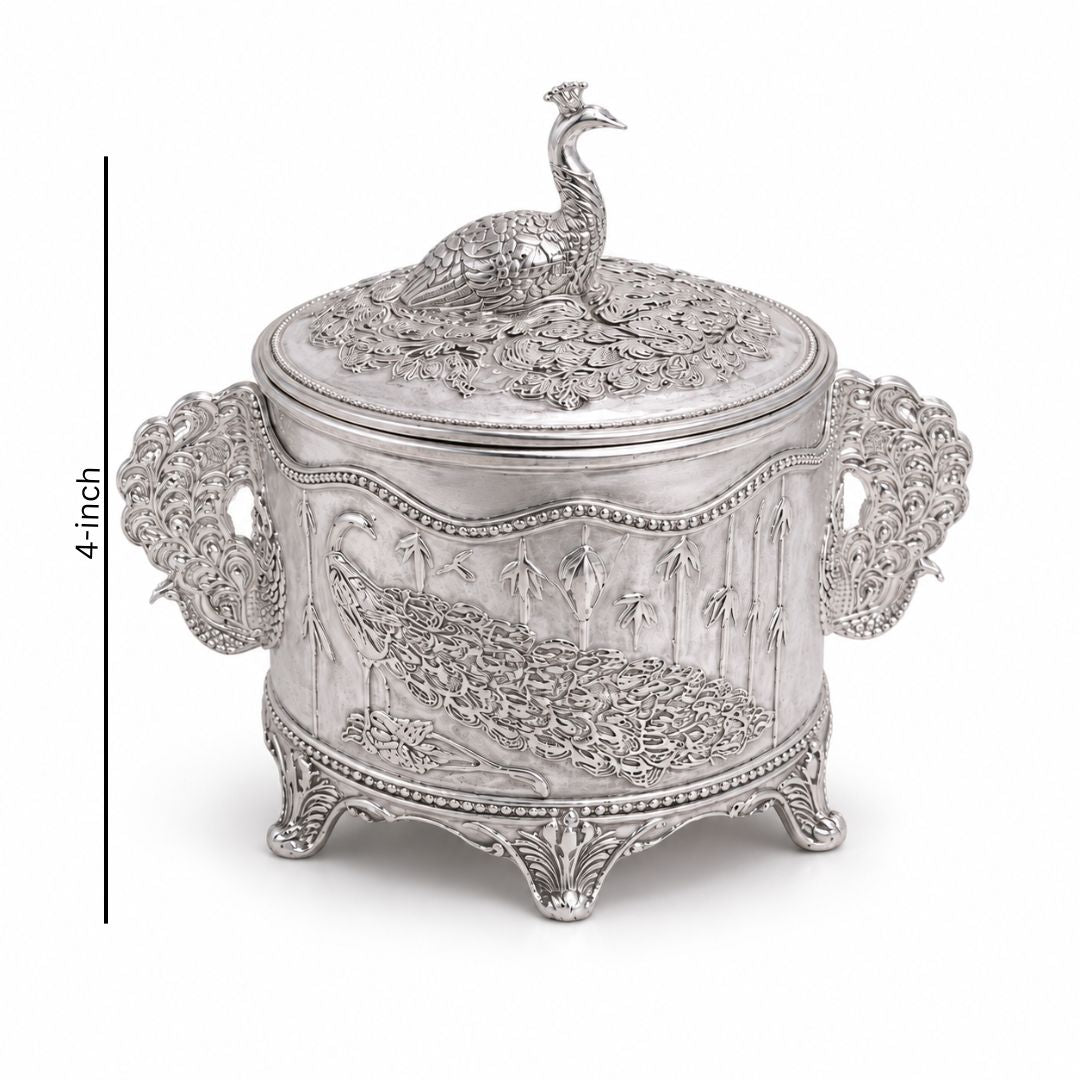 Royal Peacock German Silver Dry Fruit & Sugar Pot – Classic Silver Finish (4 Inch) - Adscraft.in