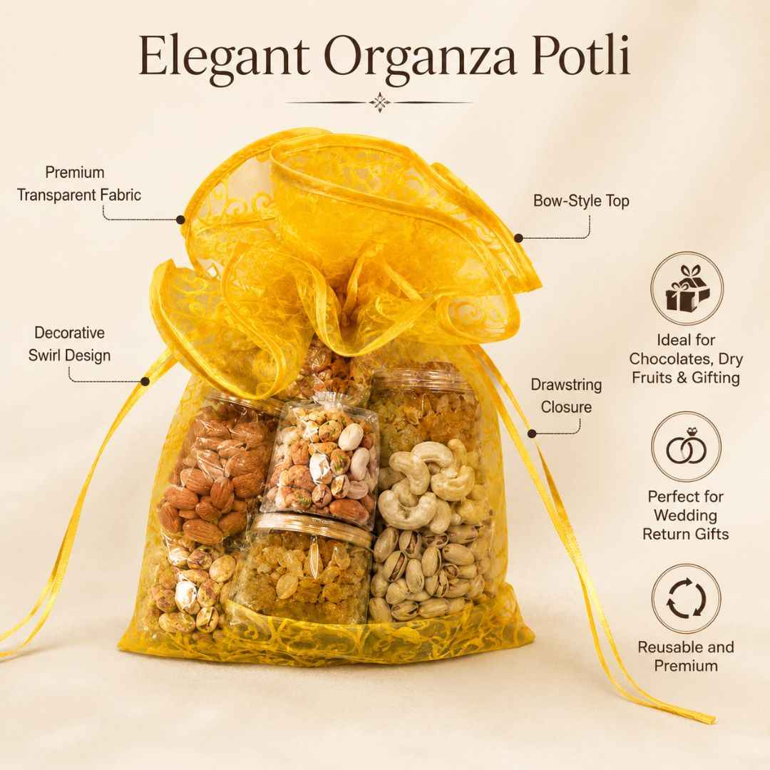 Yellow Organza Potli Gift Bag Pack of 5