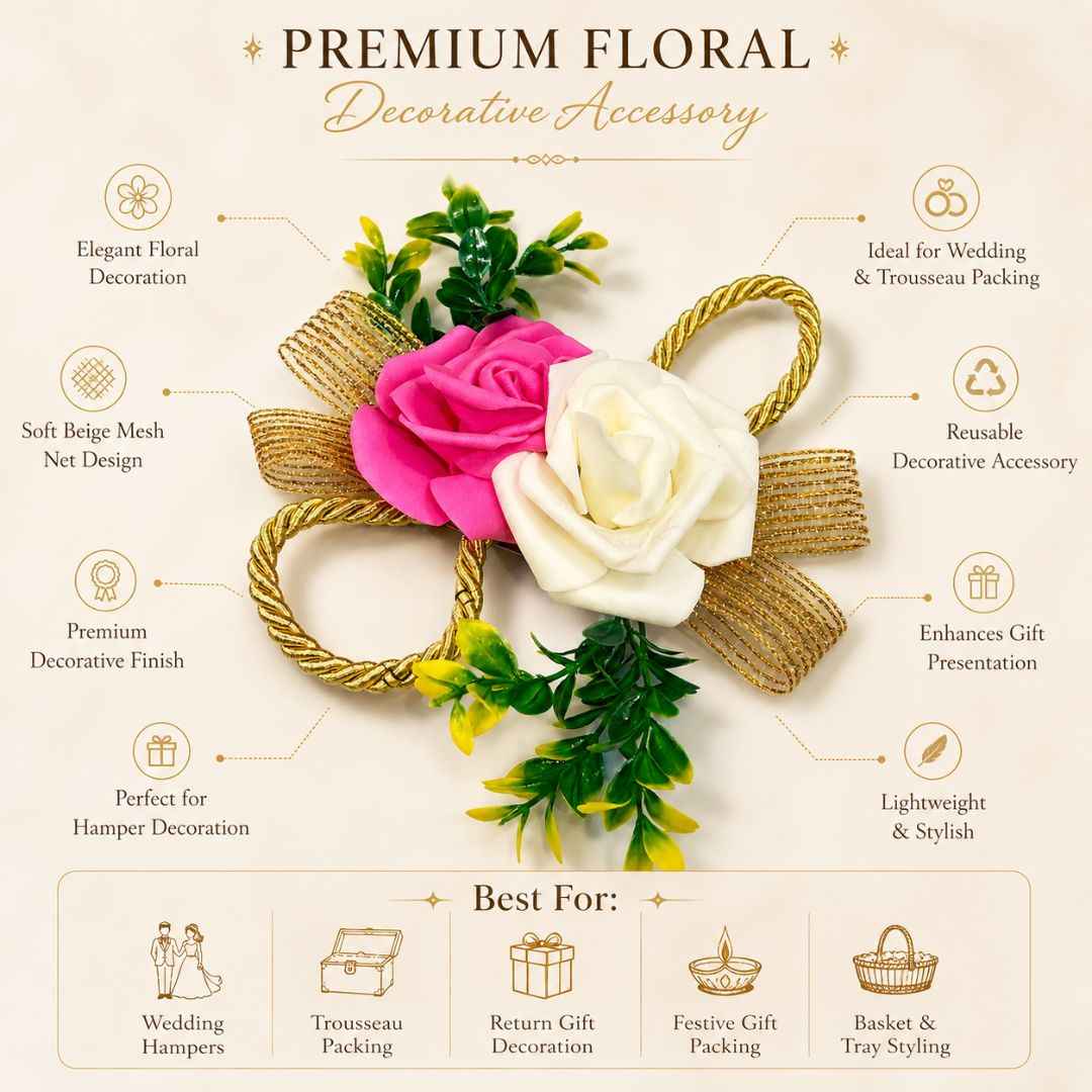 Pack of 5 Pink & White Rose Golden Ribbon Decorative Accessories