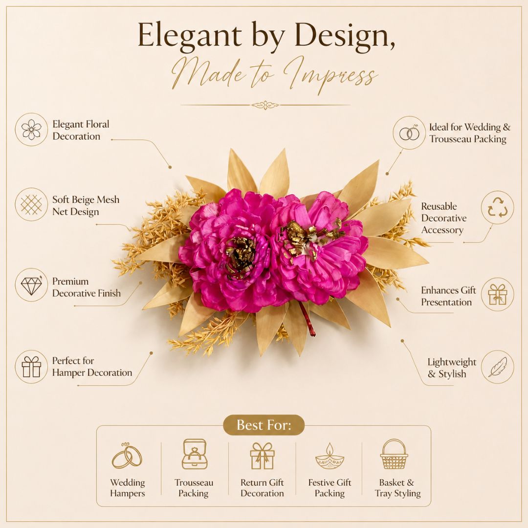 Set of 5 Hot Pink Floral Decorative Accessories for Hamper & Trousseau Packing