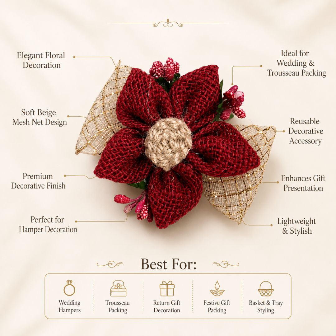 Set of 5 Maroon Jute Floral Golden Bow Decoration Accessories for Hamper Packing