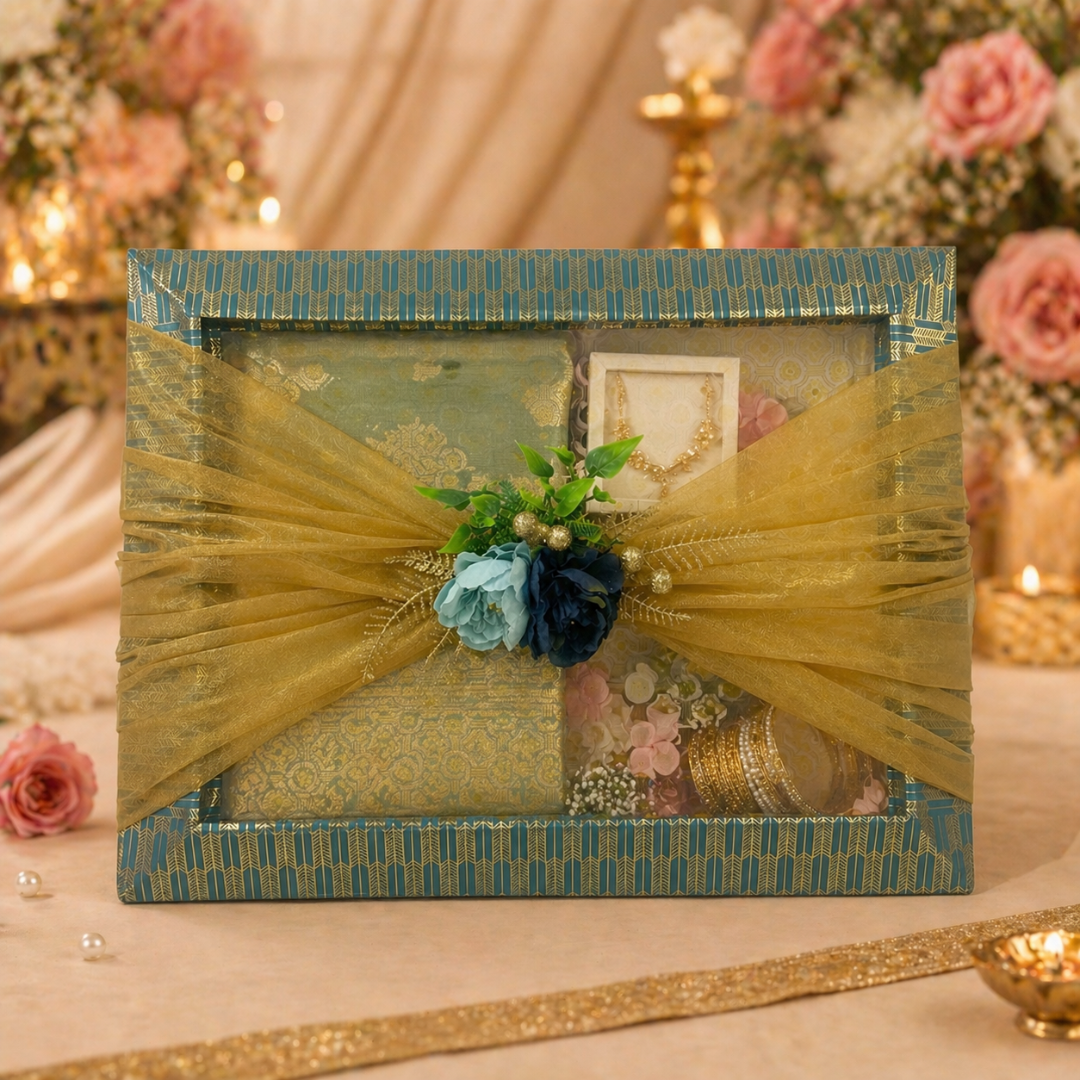 (Set of 3)Premium Blue & Gold Ready-to-Use Gift Tray  (18 x 14 Inch) – Decorative Wedding & Hamper Tray