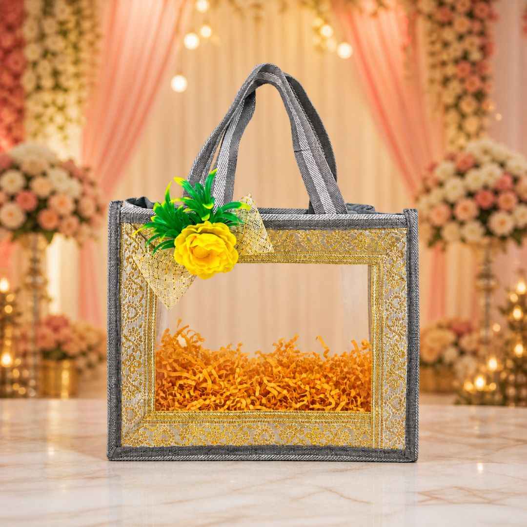 (Set of 5)Premium Grey Transparent Jute Gift Bag with Golden Lace Frame & Floral Decoration (10 x 14 Inches)