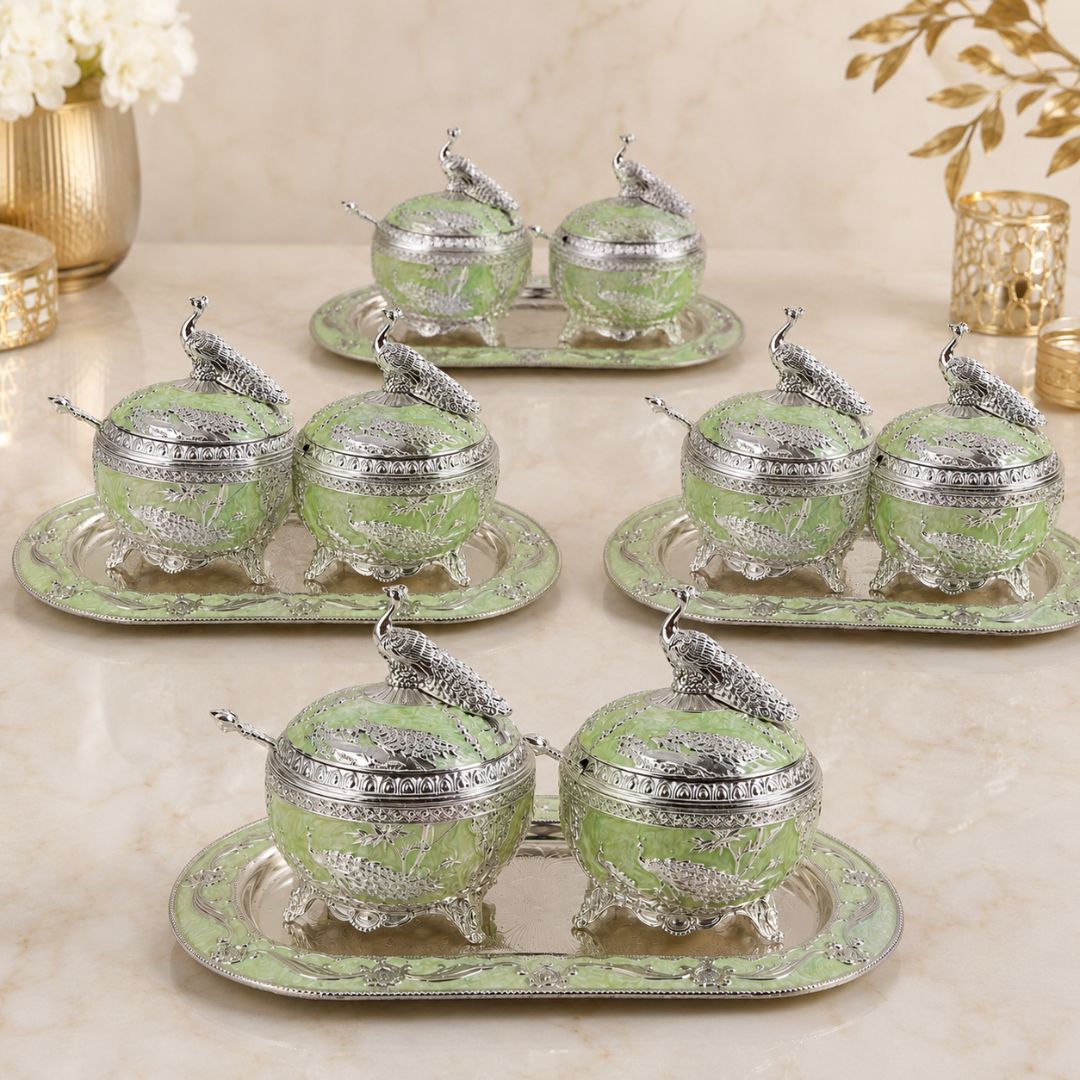 German Silver Green Peacock Serving Set with Spoons
