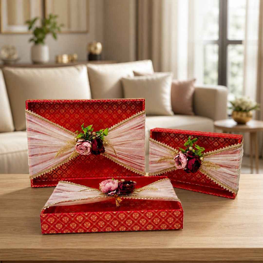 (Set of 3)Premium Red Floral Net Decorative Tray – Wedding Trousseau & Gift Packing Trays
