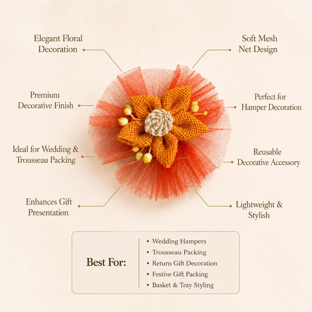 Set of 5 Orange Jute Flower Decorative Accessories with Net for Hamper & Trousseau Packing