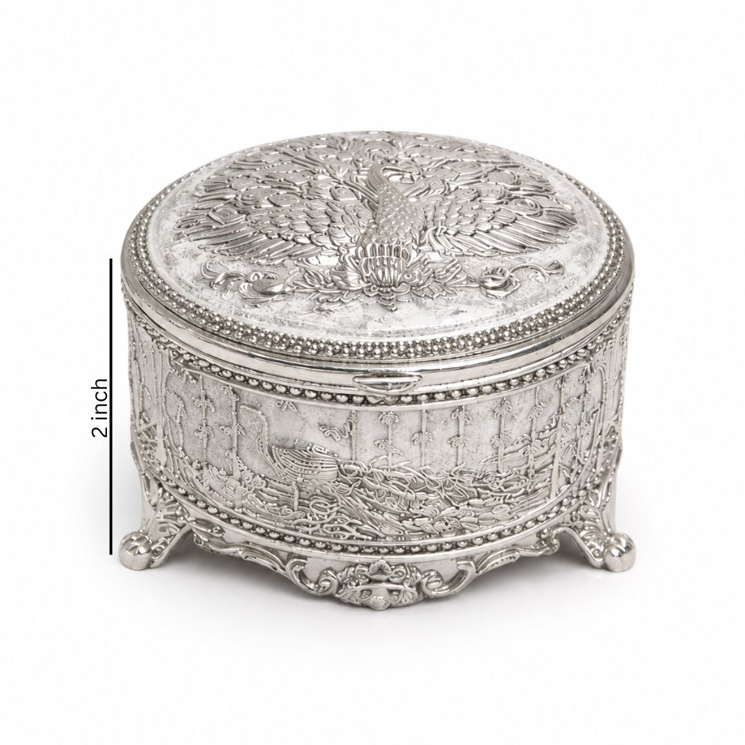 Adscraft Royal Peacock German Silver Jewelry & Dry Fruit Box with Velvet Lining (3 Inch)