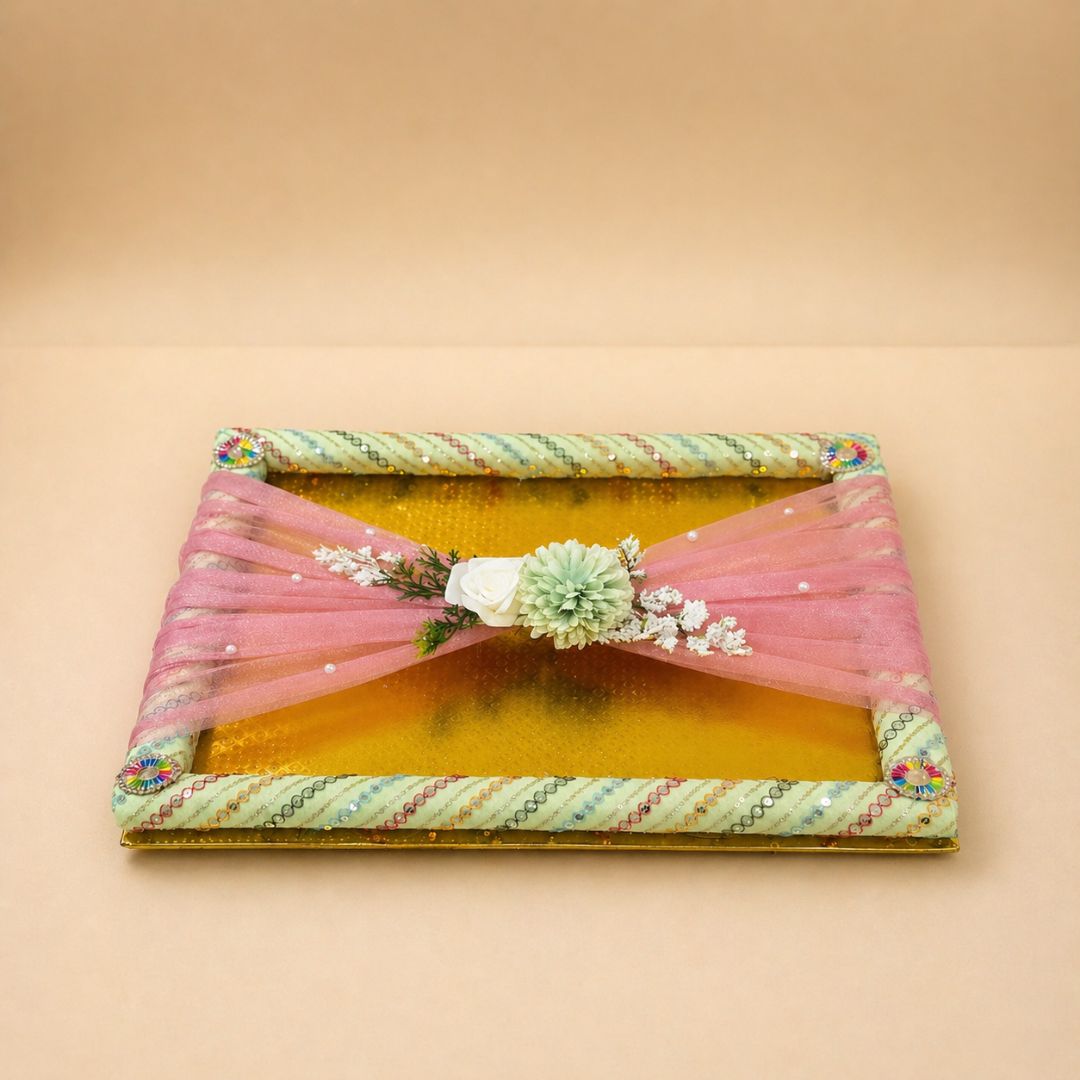 (Set of 3) Classic Green Brocade Trousseau Trays with Organza & Floral Decor – Wedding Gift Packing Made Elegant