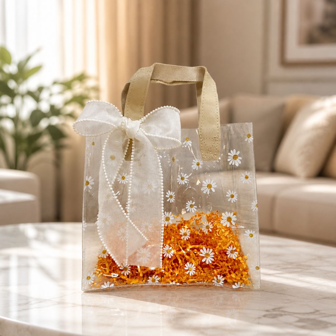 (Set of 5)Premium Transparent Floral Gift Bag with Bow Handle – 10 Inch x 14 Inch Sizes