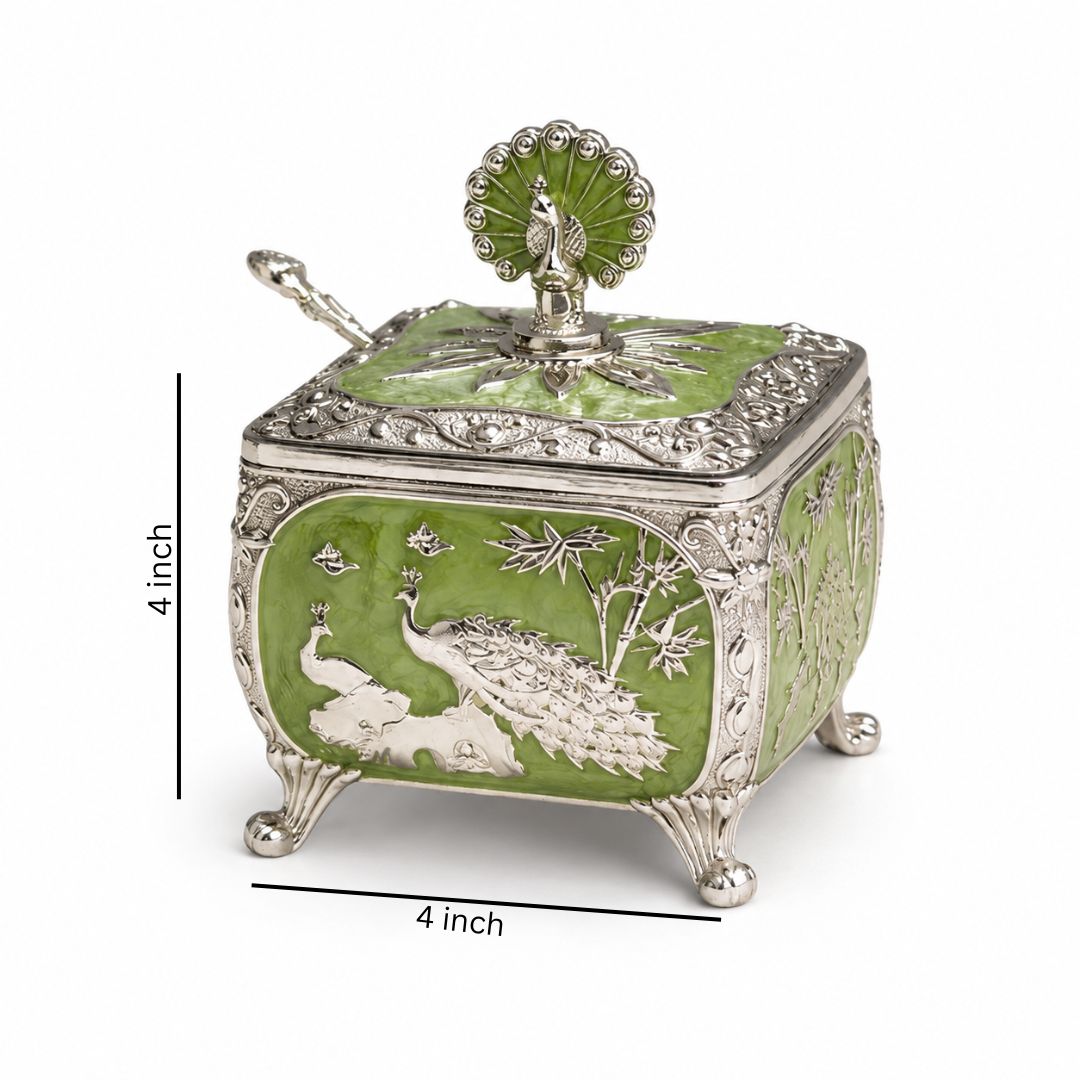 Royal Peacock German Silver Dry Fruit Box (Green) – 4 x 4 Inch with Spoon