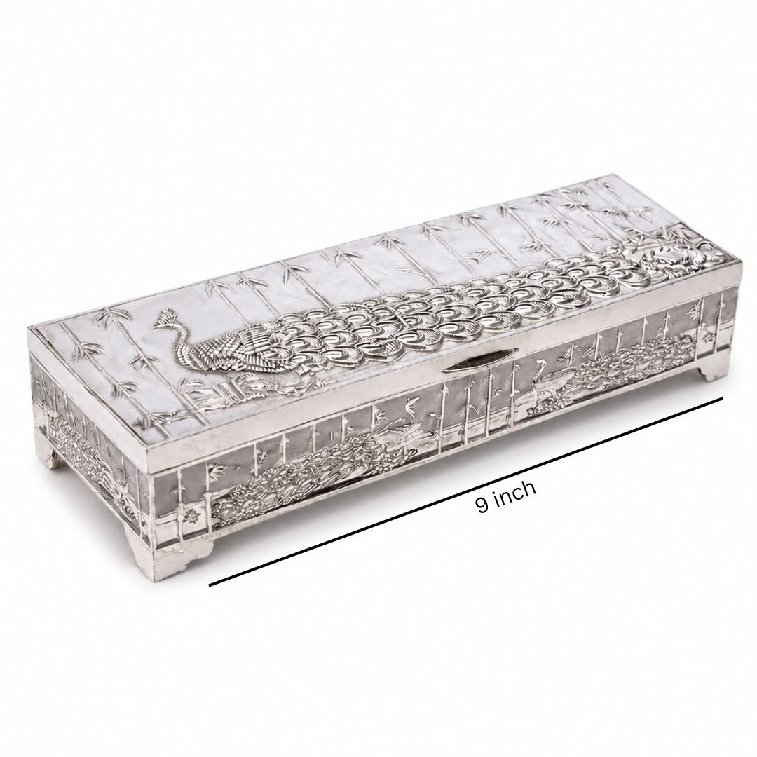 Premium German Silver Peacock Dry Fruit Box – Plain Silver Finish (9 x 3.5 x 2 Inch)