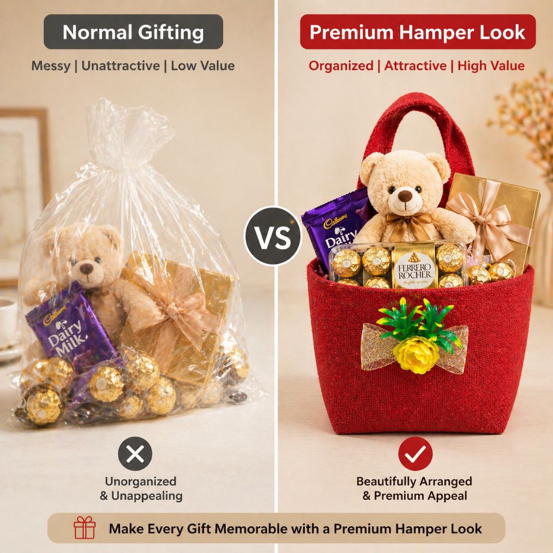 (Set of 5)Premium Red Jute Gift Bag with Floral Bow – Reusable Hamper Bag
