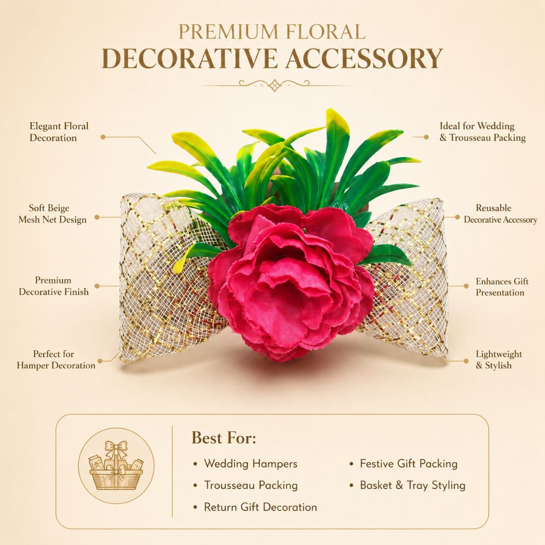 Hot Pink Floral Golden Bow Decoration Accessory for Hamper Packing