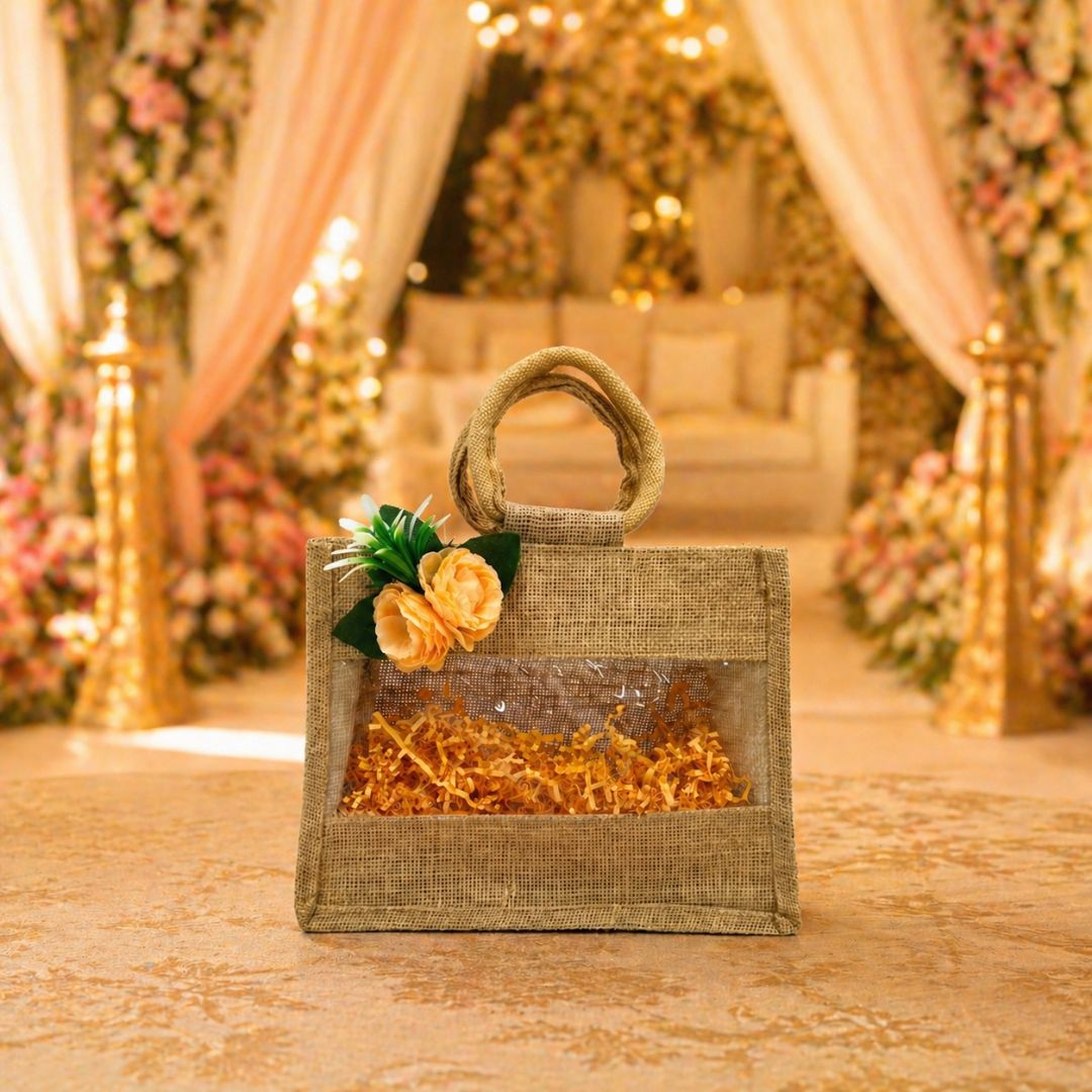(Set of 5)Premium Jute Gift Basket with Transparent Window & Floral Accent – 11 x 13 Inch