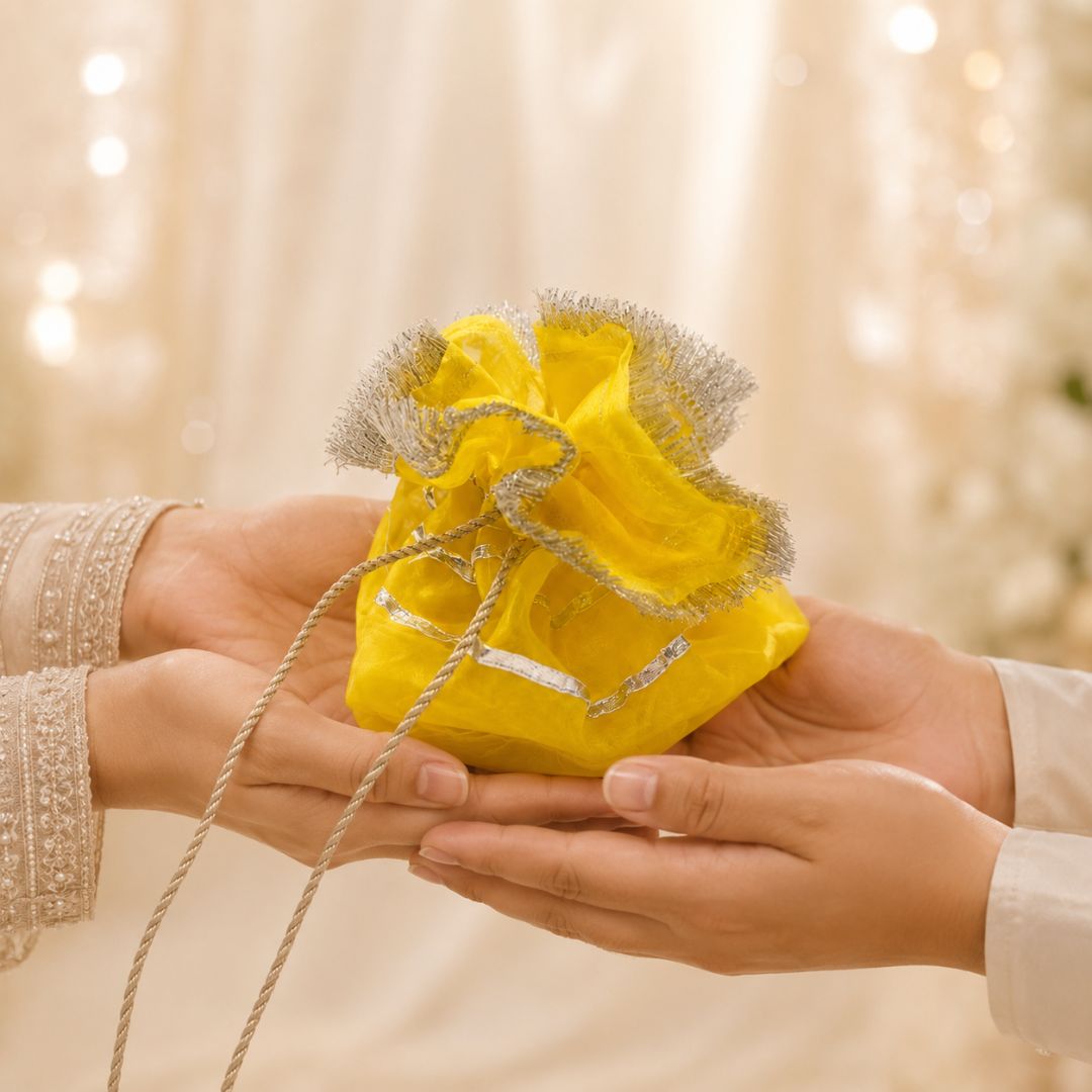 Pack of 5–  Bright Yellow Silver Lace Drawstring Potli Bag