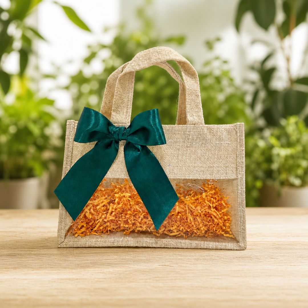 (Set of 5)Premium Jute Gift Bags with Transparent Window & Satin Bow – (12 x 12 Inch)