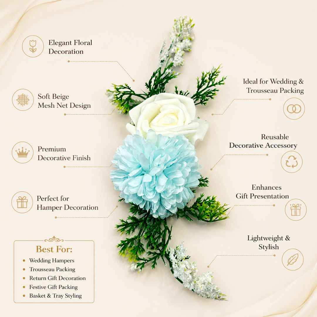 Sky Blue & White Floral Decoration Accessory for Hamper Packing