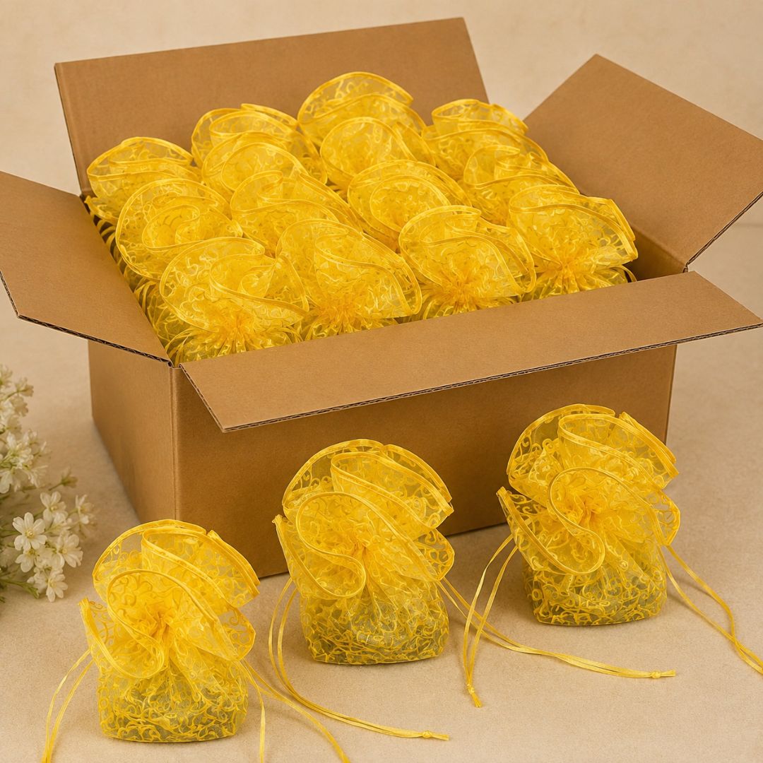 Pack of 5 Yellow Organza Potli Gift Bag