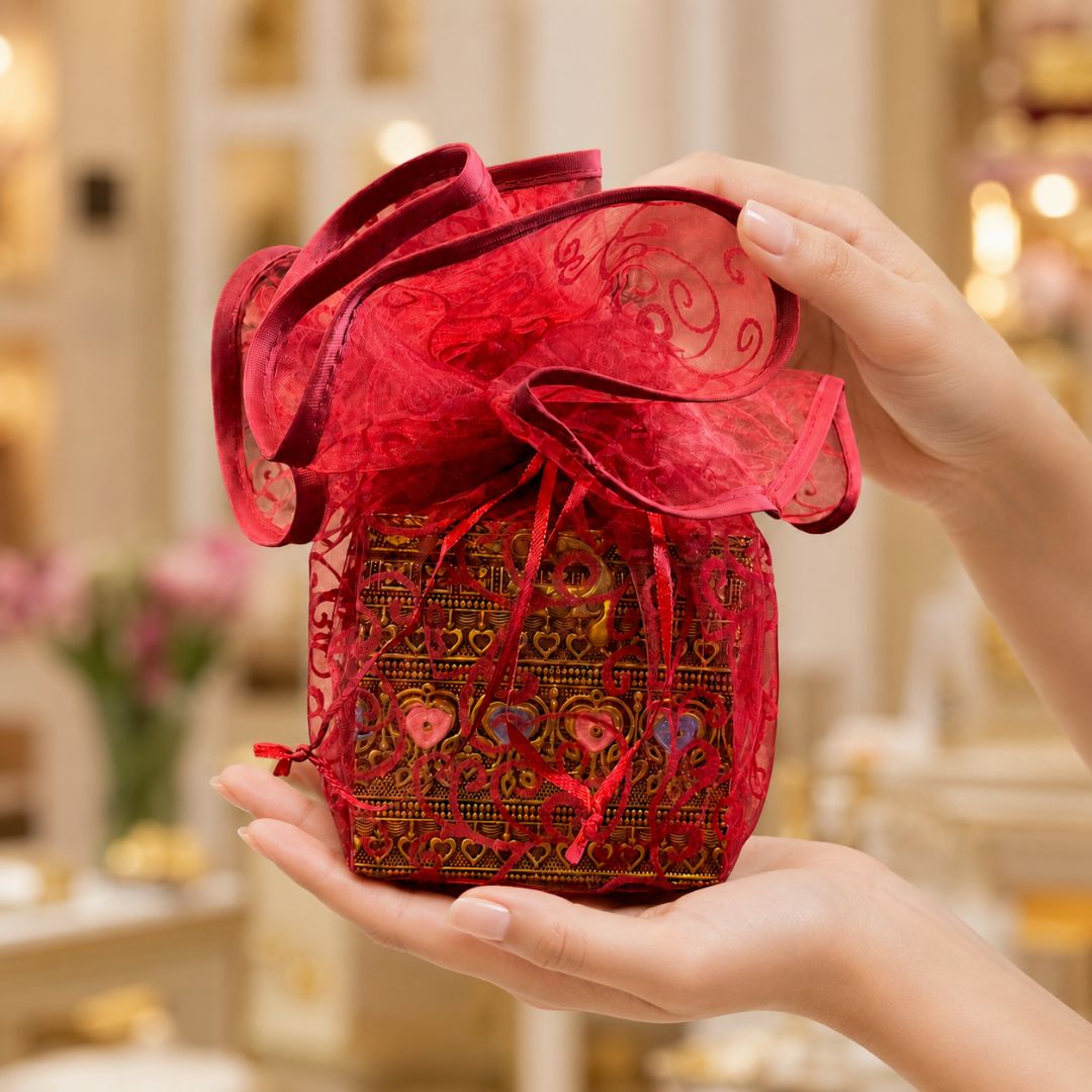 Red Organza Potli Gift Bag Pack of 5 with Golden Base