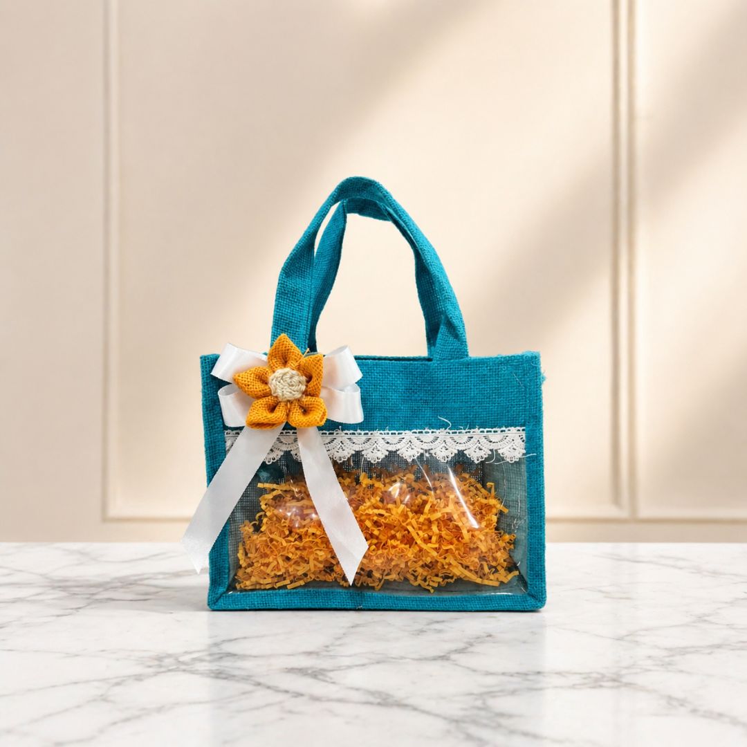 (Set of 5)Premium Teal Jute Gift Basket with Transparent Window & Lace Decor| 8 x 10 Inch Sizes)