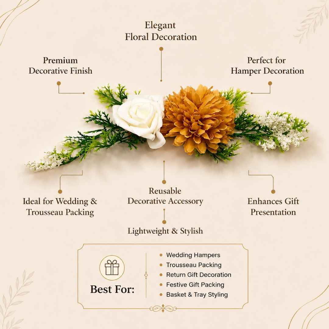 Set of 5 White & Mustard Floral Decorative Accessories for Hamper & Trousseau Packing
