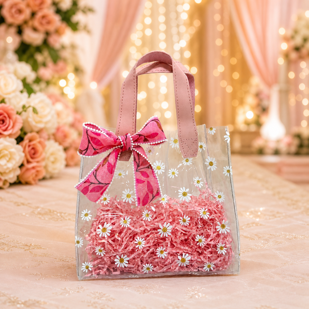 (Set of 5)Premium Transparent Floral Gift Bag with Bow Handle – (10 x 14 Inch)