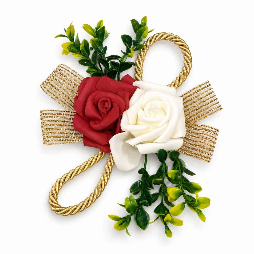 Pack of 5 Maroon & White Rose Golden Ribbon Decorative Accessories
