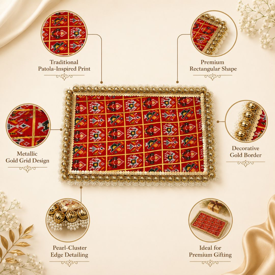 Red Patola Pearl Border Wedding Trousseau Tray