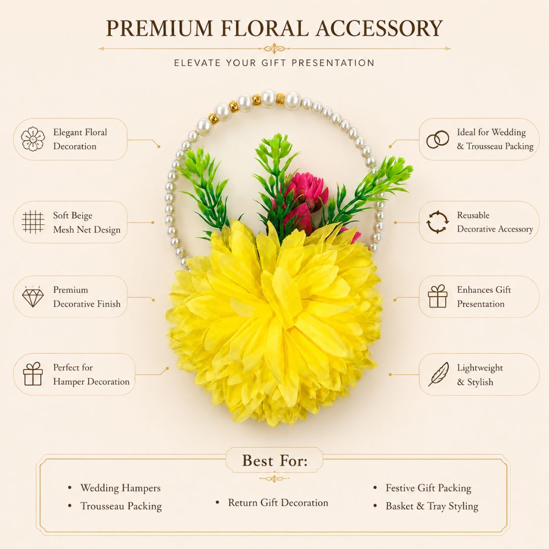 Set of 5 Yellow Pearl Handle Floral Decorative Accessories for Hamper & Trousseau Packing
