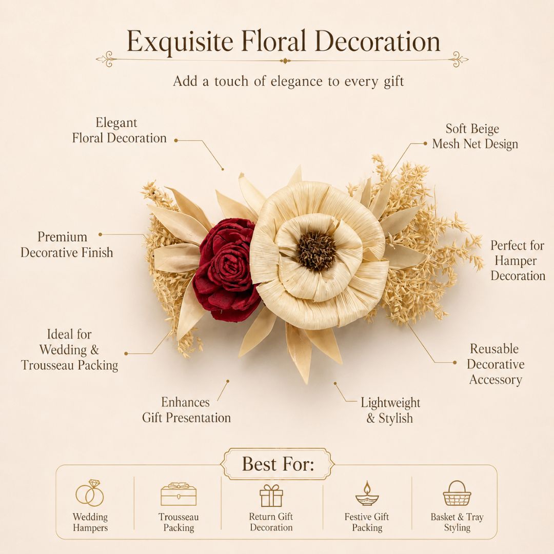 Set of 5 Cream & Red Floral Decorative Accessories for Hamper & Trousseau Packing