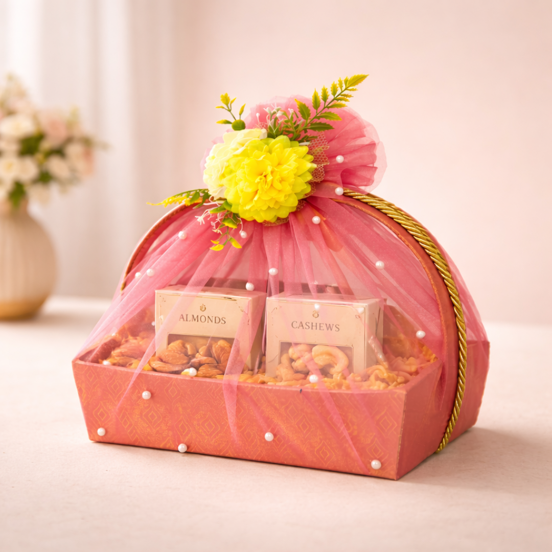 (Set of 3)Premium Peach Net Gift Basket with Floral Top –  (11 x 15 Inches)