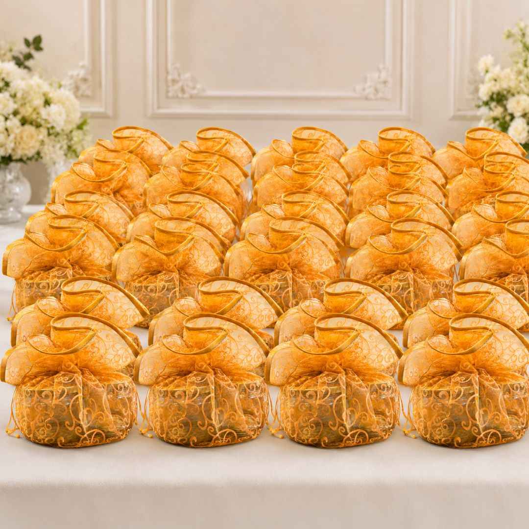 Orange Organza Potli Gift Bag Pack of 5 with Golden Base