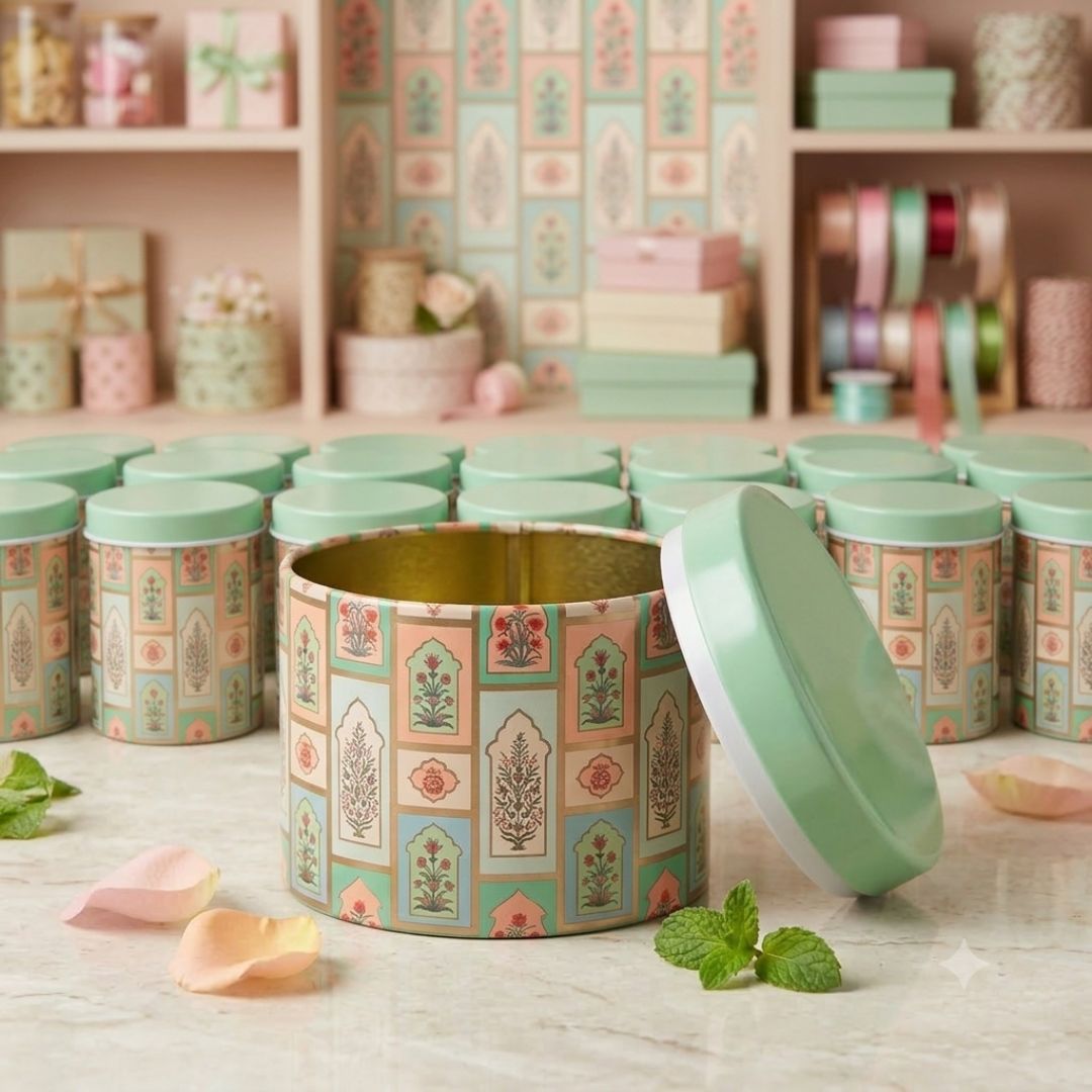 Pack of 6 Pastel Floral Printed Metal Tin Box with Lid – Premium Gift & Dry Fruit Packaging Box