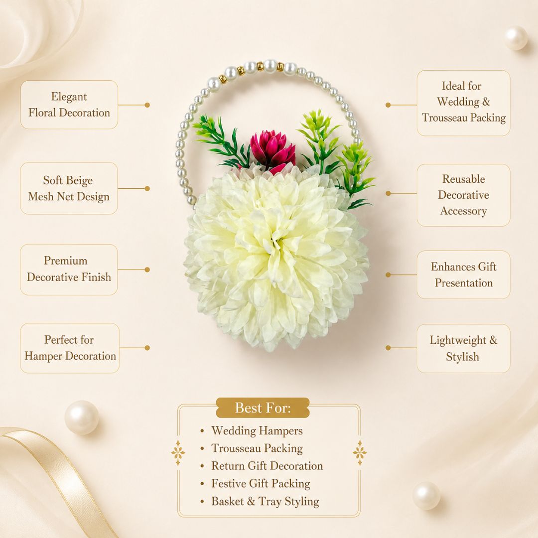Set of 5 Ivory Pearl Handle Floral Decorative Accessories for Hamper & Trousseau Packing