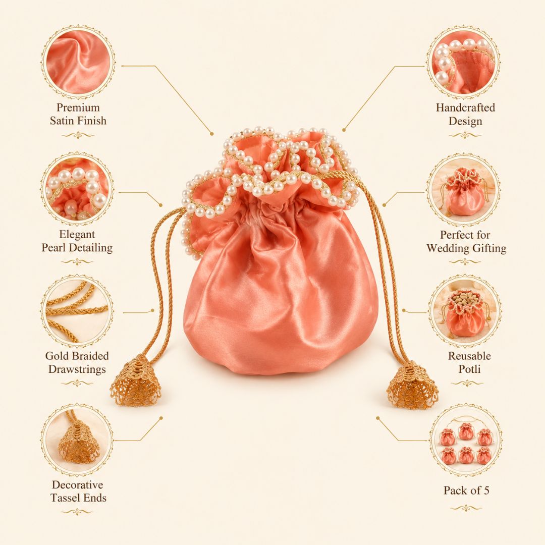 Pack of 5 -Peach Pearl Loop Drawstring Potli Bag