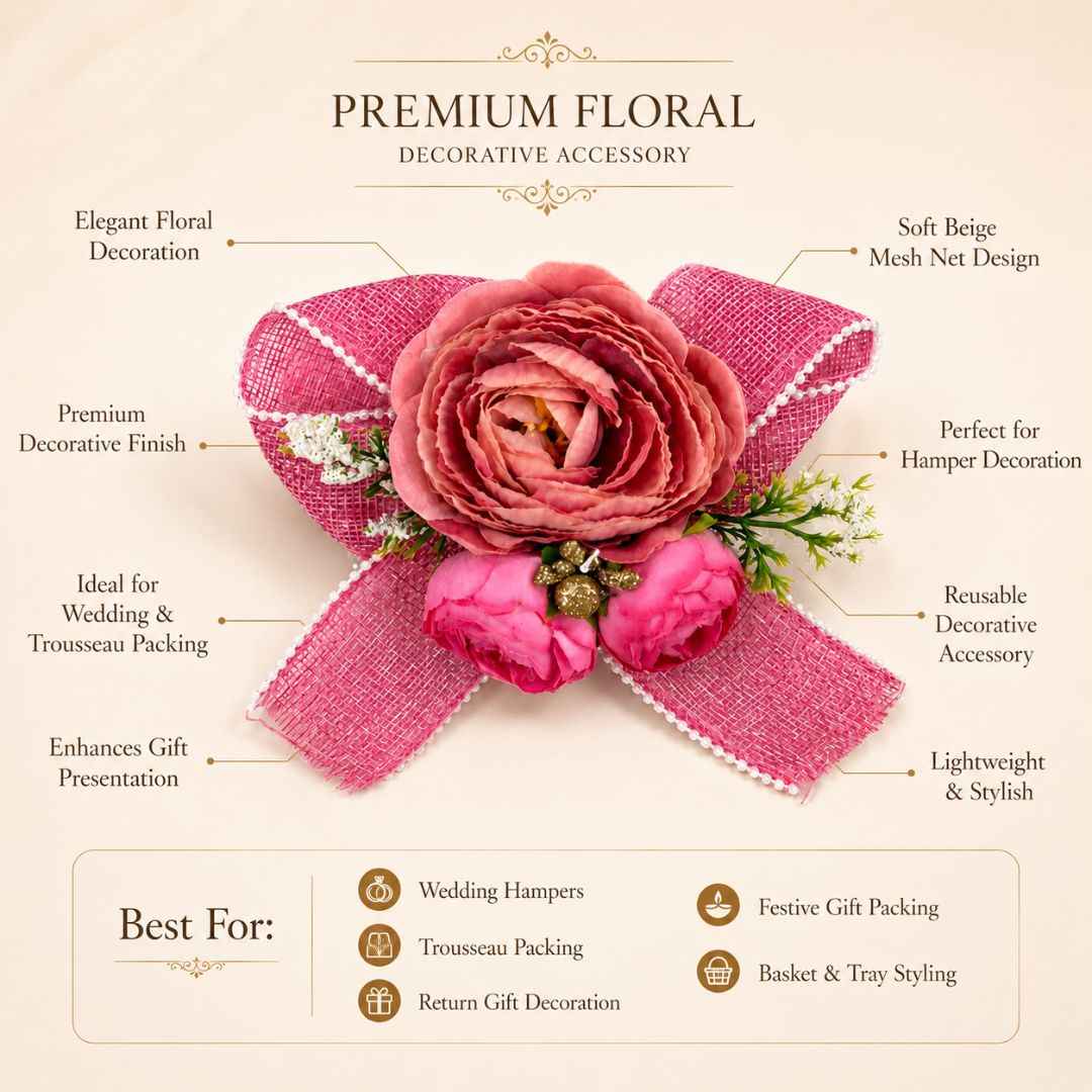 Set of 5 Pink Floral Decorative Accessories for Hamper Decoration & Trousseau Packing