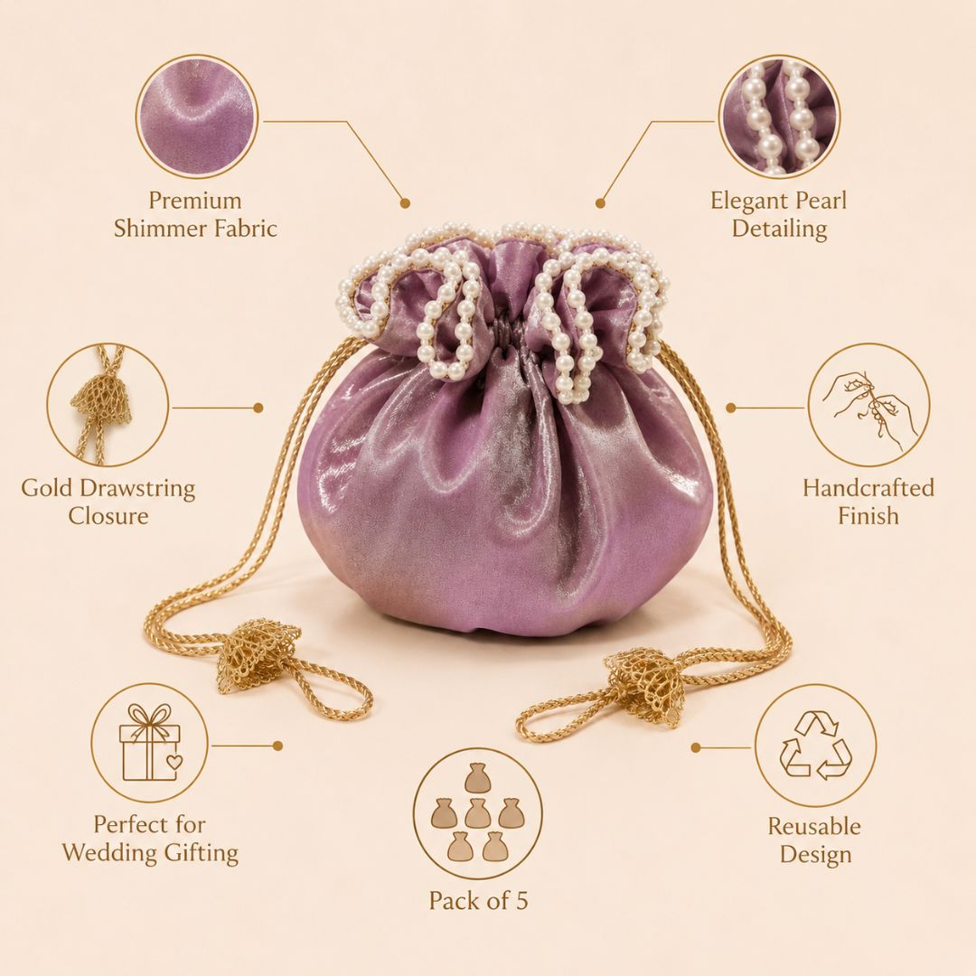 Pack of 5 -Purple Pearl Loop Drawstring Potli Bag