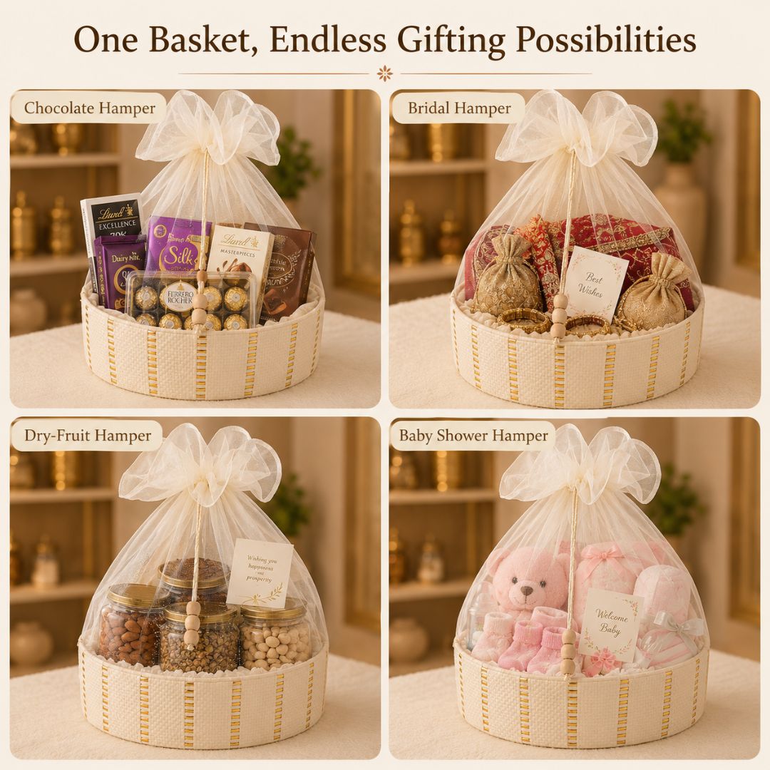 Set of 2-Ivory Gold Round Net Hamper Basket