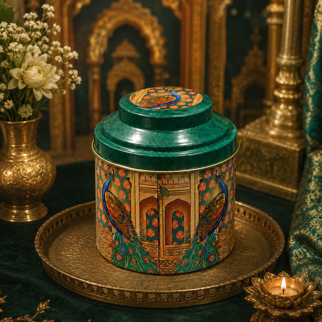 Pack of 6 Peacock Printed Metal Tin Box with Lid – Premium Gift & Dry Fruit Packaging Box