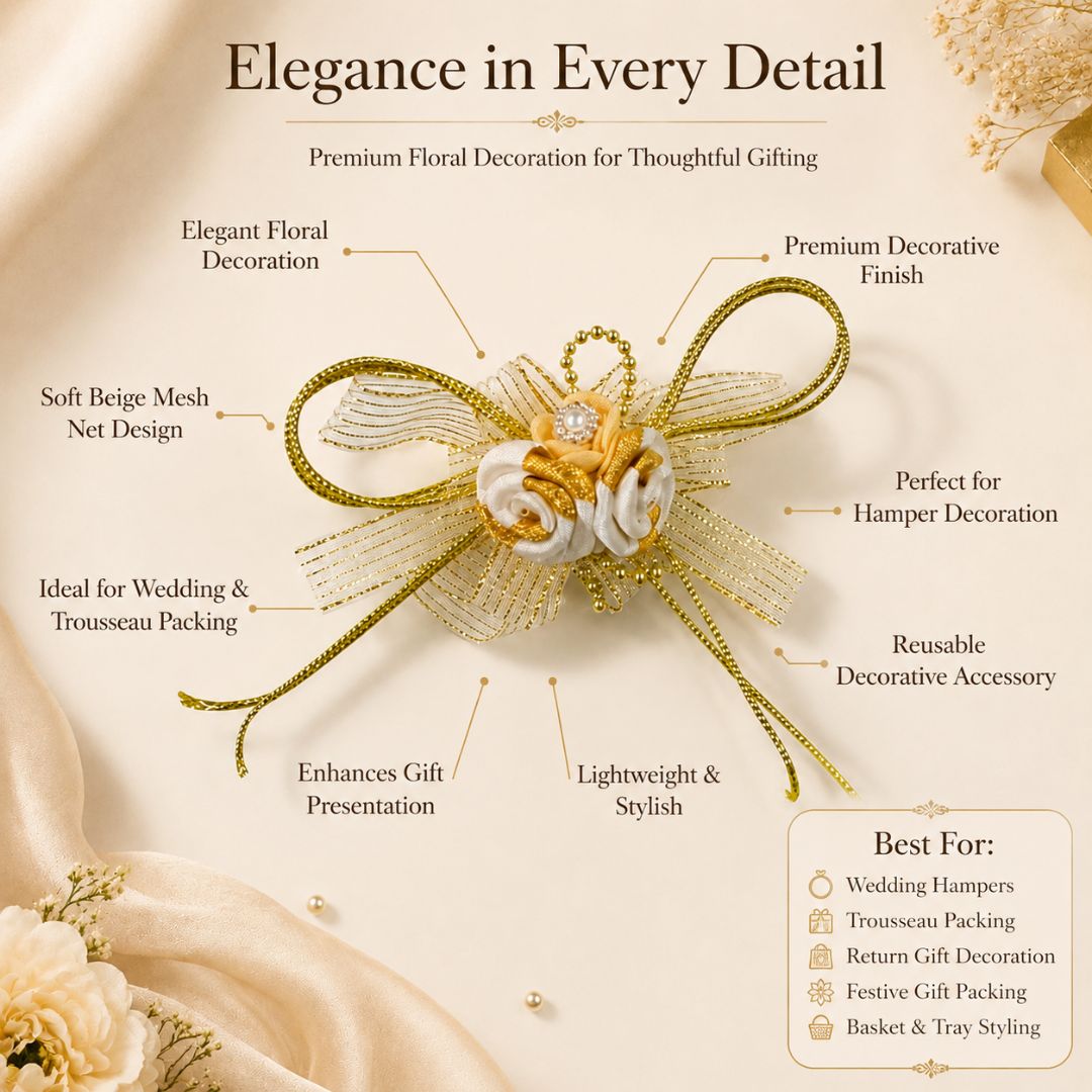 Set of 5 Golden & White Ribbon Floral Decorative Accessories for Hamper Packing
