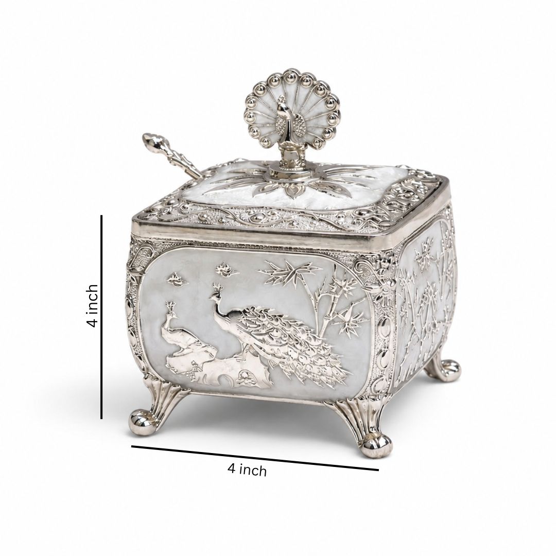 Royal White German Silver Peacock Dry Fruit Box (4 x 4 Inch) – Luxury Wedding & Festive Gift