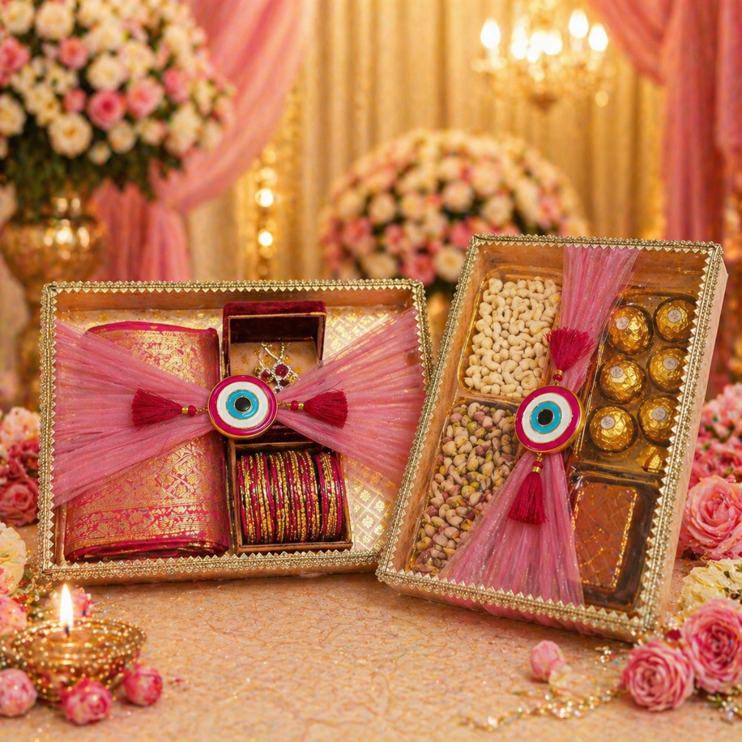 (Set of 2)Premium Evil Eye Net Gift Tray (16x12 & 14x10 Inch) – Pink Fabric Finish with Tassel Decor - Adscraft.in